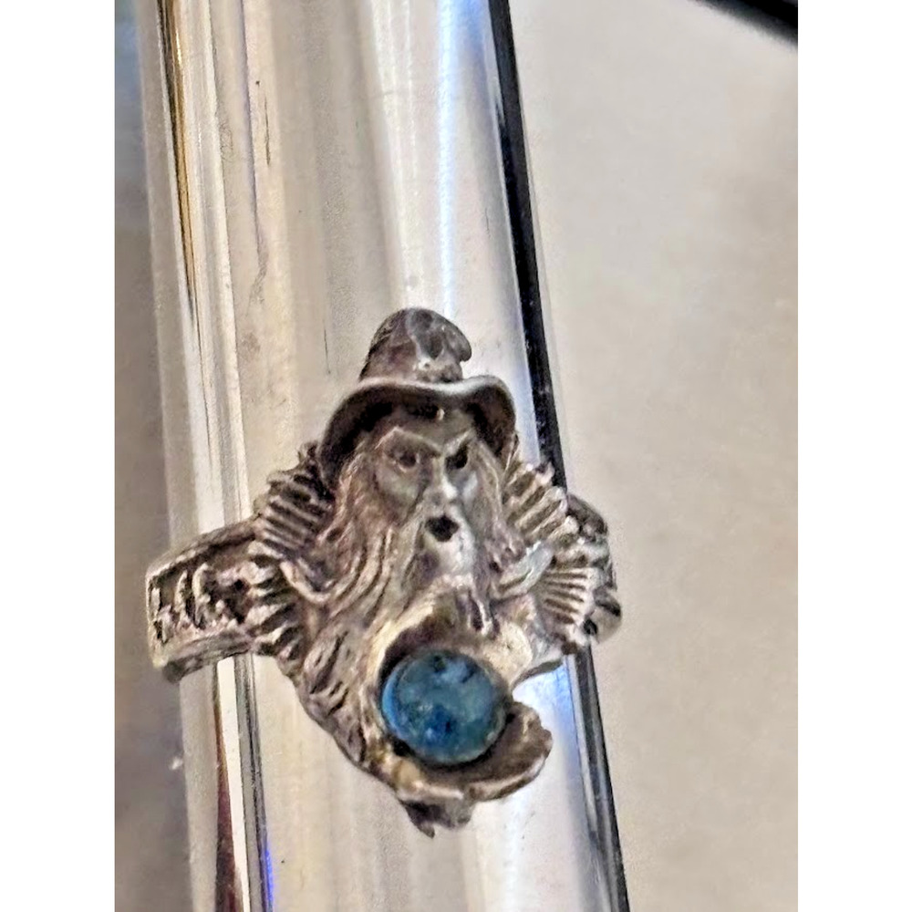 Vintage Sterling Silver Runic Wizard Ring Custom Blue Topaz Fantasy Goth Sz 6.5 - Picture 8 of 8